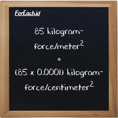 How to convert kilogram-force/meter<sup>2</sup> to kilogram-force/centimeter<sup>2</sup>: 85 kilogram-force/meter<sup>2</sup> (kgf/m<sup>2</sup>) is equivalent to 85 times 0.0001 kilogram-force/centimeter<sup>2</sup> (kgf/cm<sup>2</sup>)